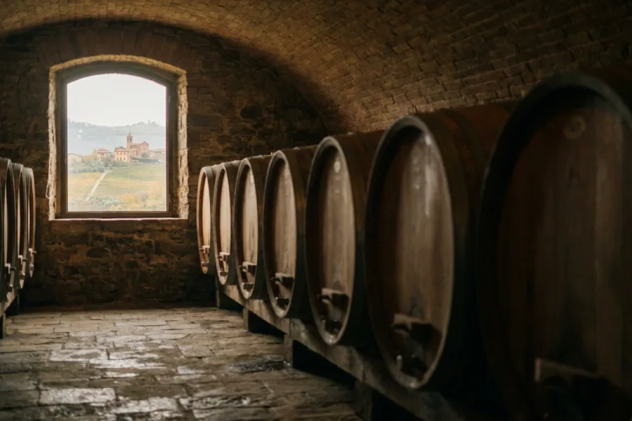 Barriques lined up under the vault of a Langhe cellar